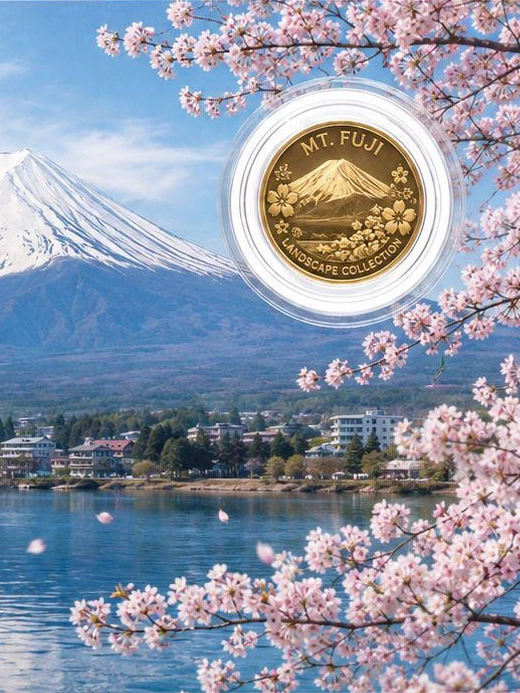 Detail of the card artwork: Mt. Fuji across a lake, framed by cherry blossom, with the gold round in its capsule
