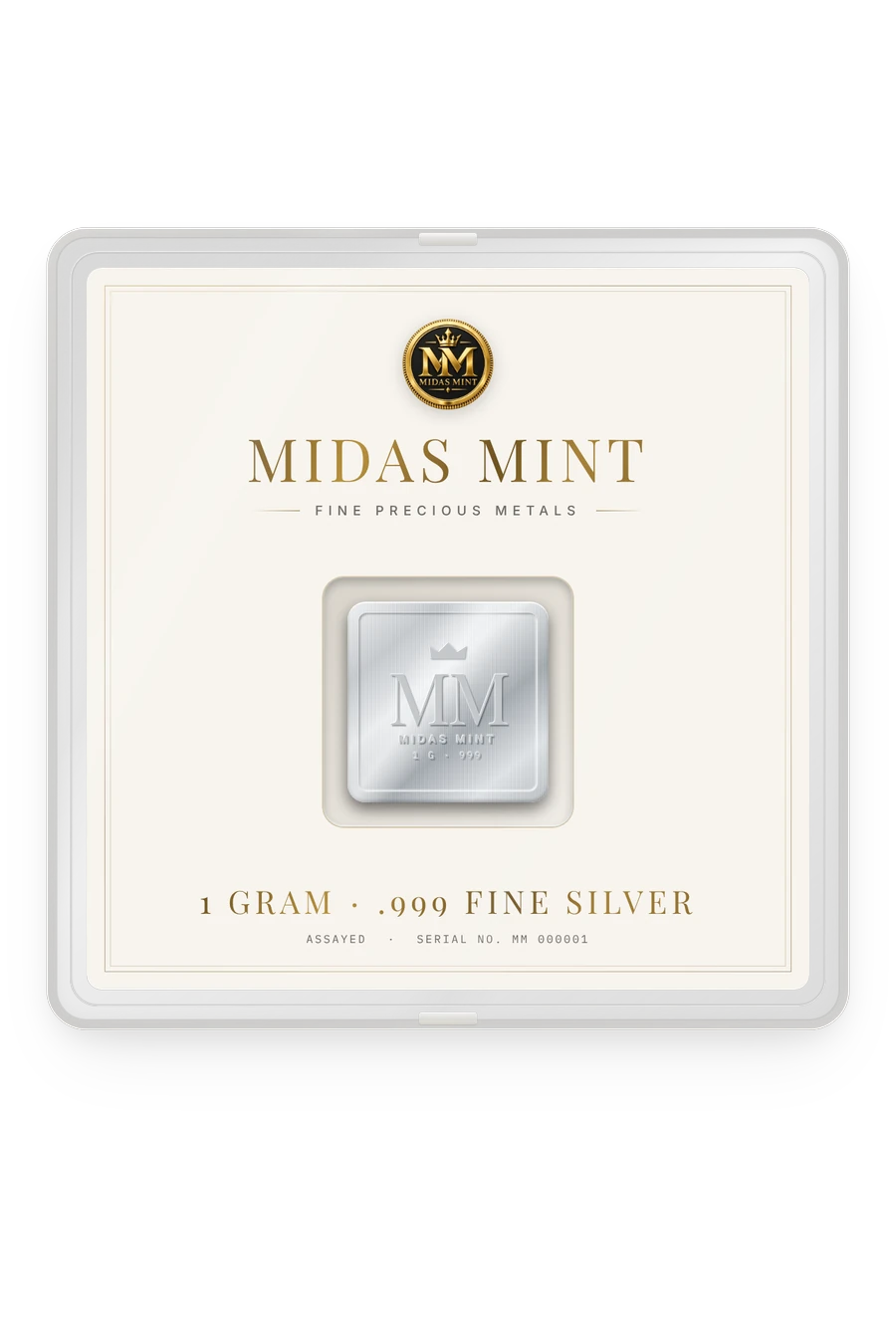 Midas Mint 1 gram silver bar in a charcoal certificate-of-assay card